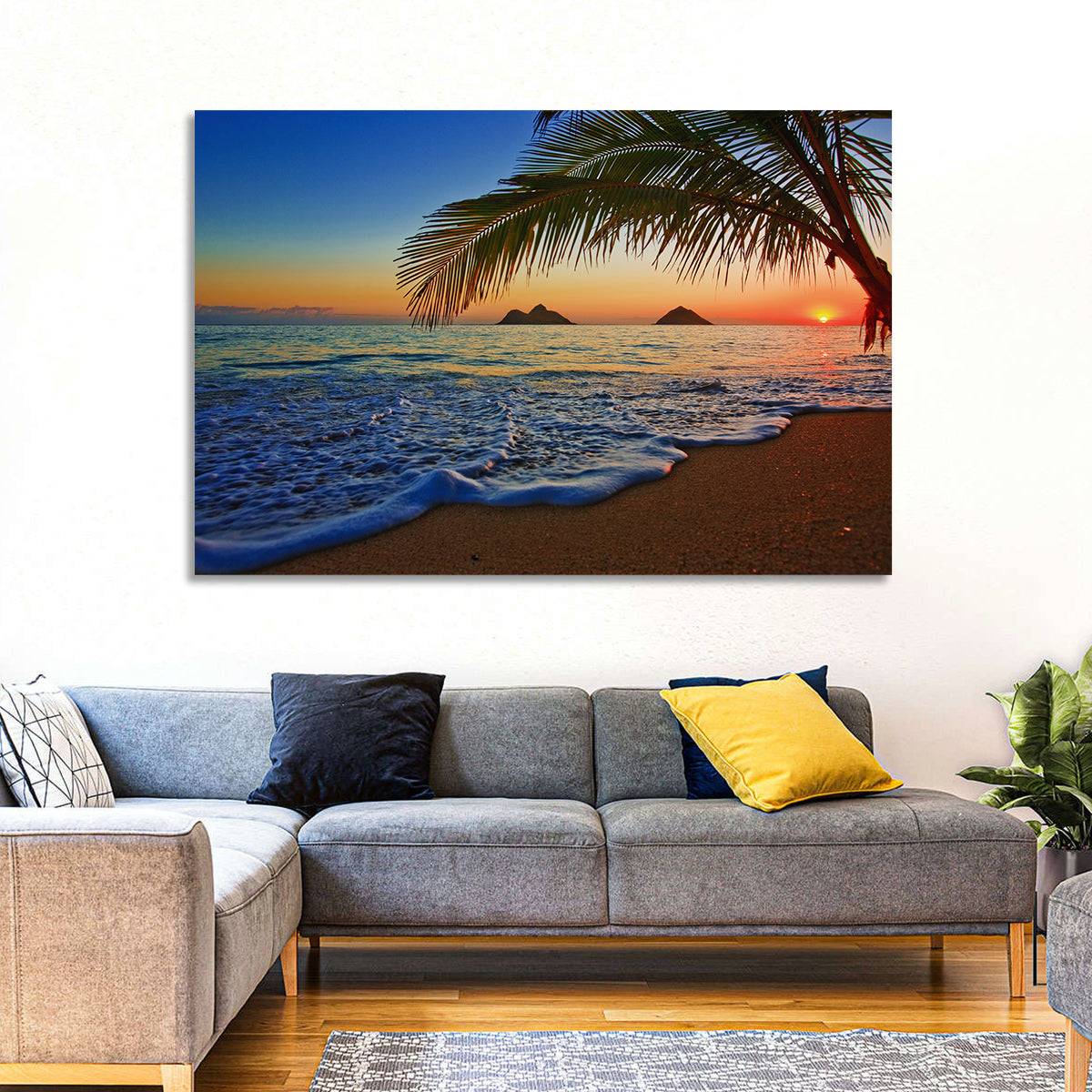 Lanikai Sunset Over Mokulua Islands Wall Art in a room, landscape