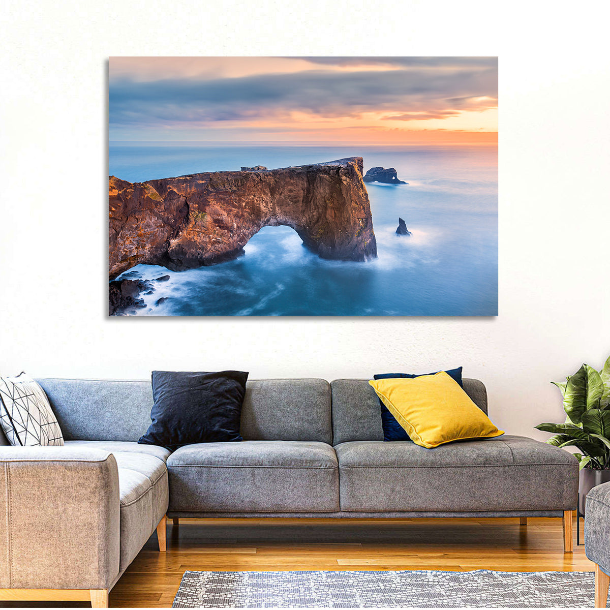 Dyrhólaey Sea Arch at Sunset Wall Art in a room, landscape