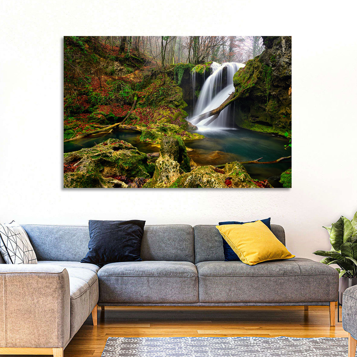 Cheile Nerei Mossy Waterfall Wall Art in a room, landscape
