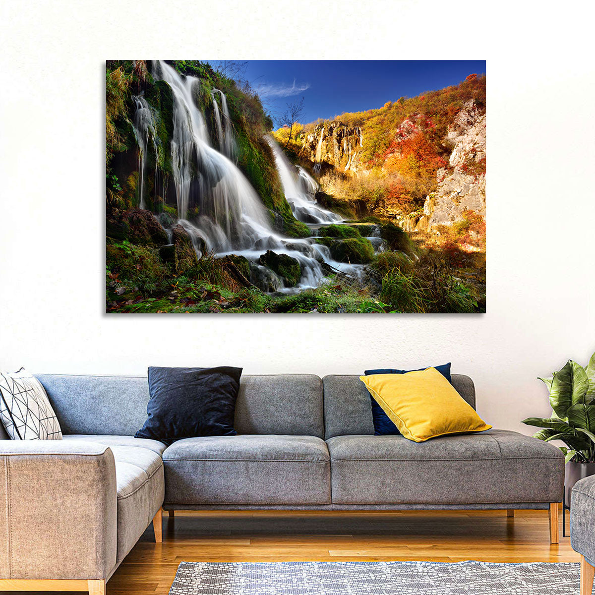 Plitvice Lakes Waterfall Wall Art in a room, landscape