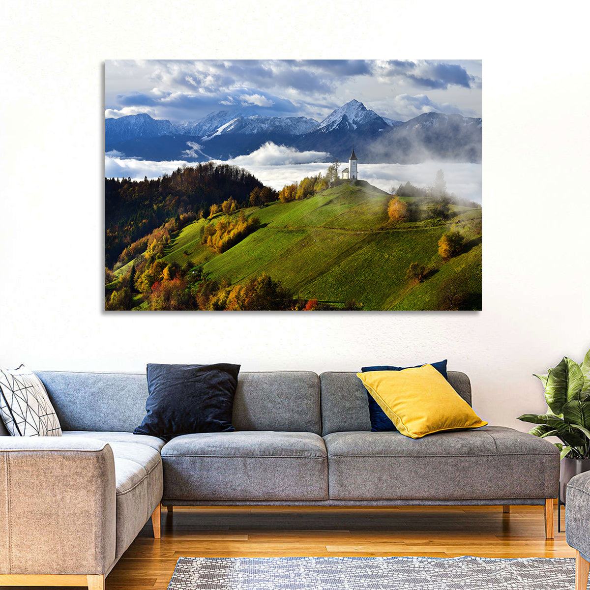 Jamnik Church on Misty Hill Wall Art in a room, landscape
