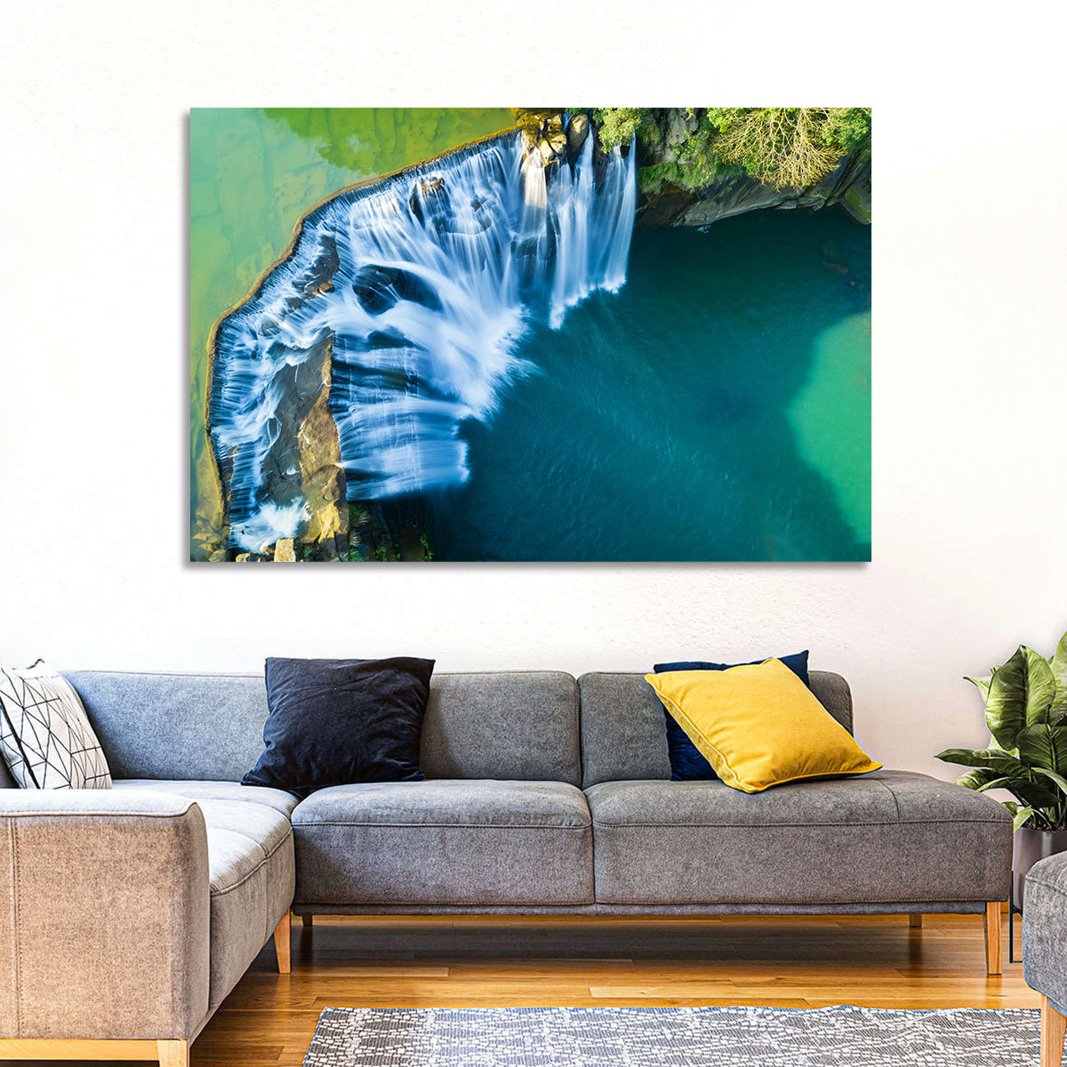Shifen Waterfall Aerial Wall Art in a room, landscape