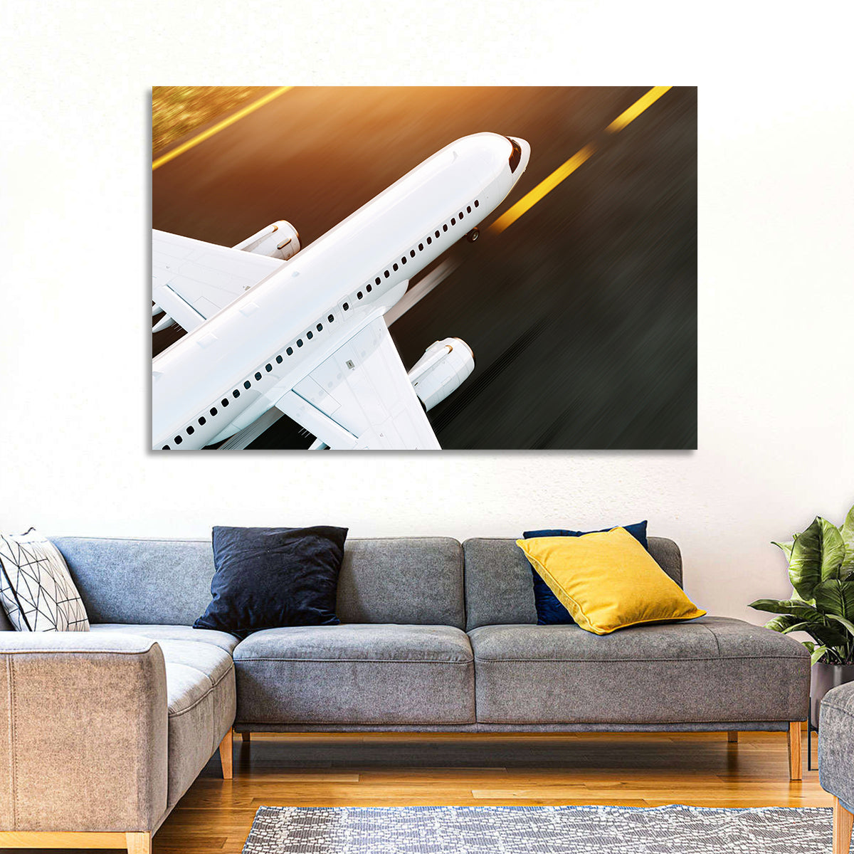Commercial Jet Takeoff at Sunset Wall Art in a room, landscape