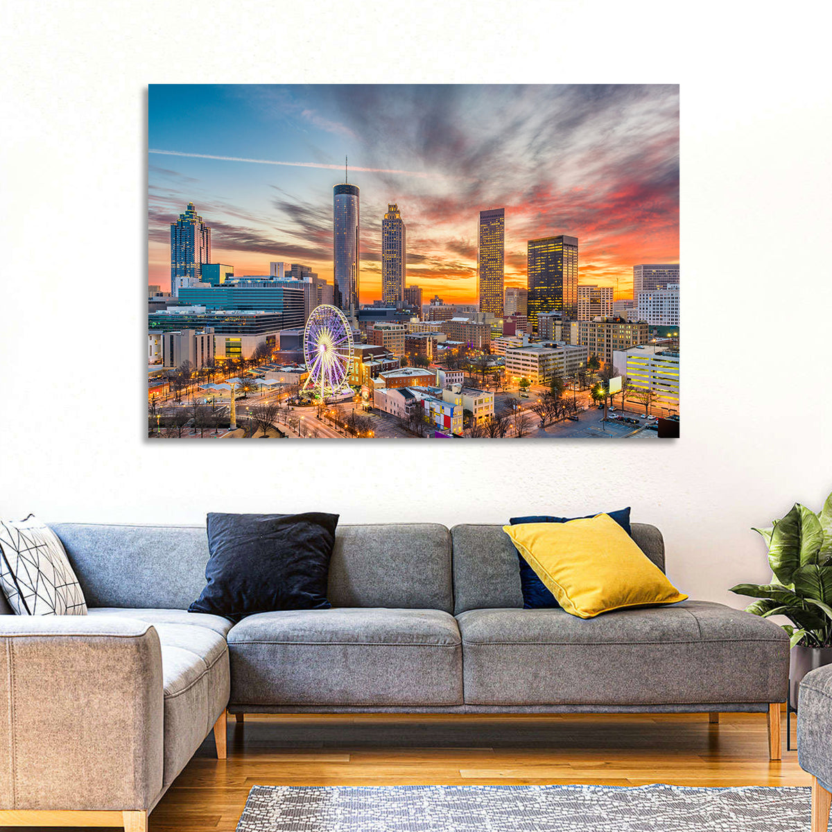 Atlanta Skyline with Skyview Wheel Wall Art in a room, landscape
