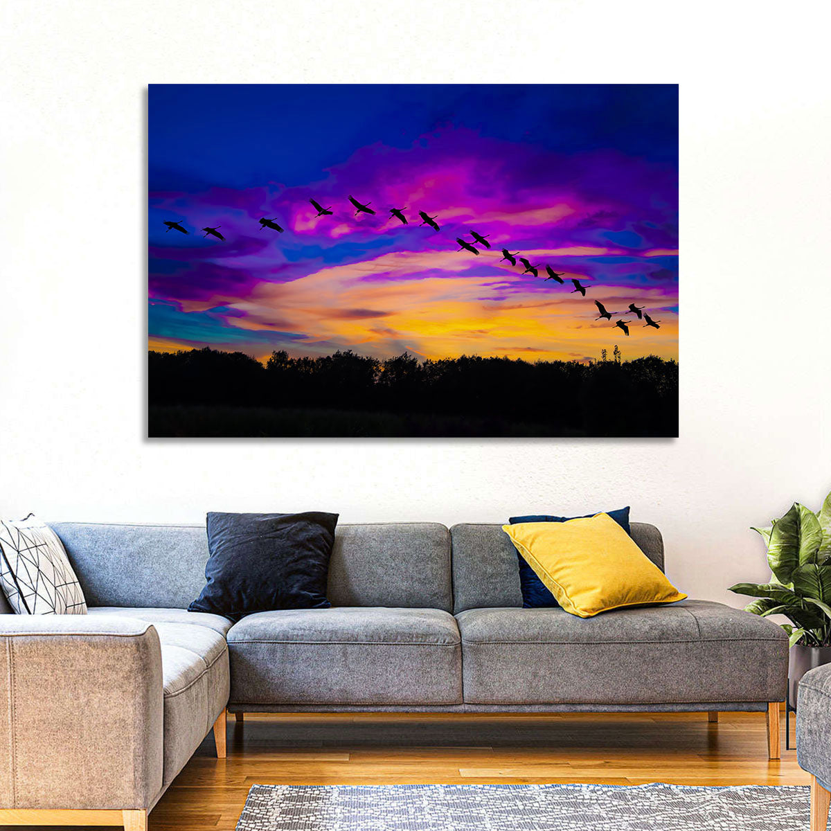 Silhouetted Cranes at Dusk Wall Art