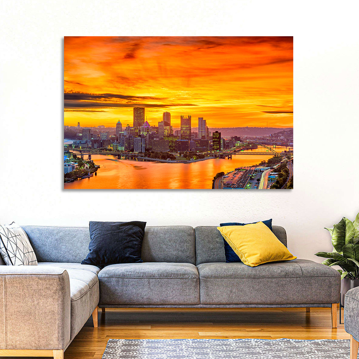 Pittsburgh Skyline at the Point Wall Art in a room, landscape