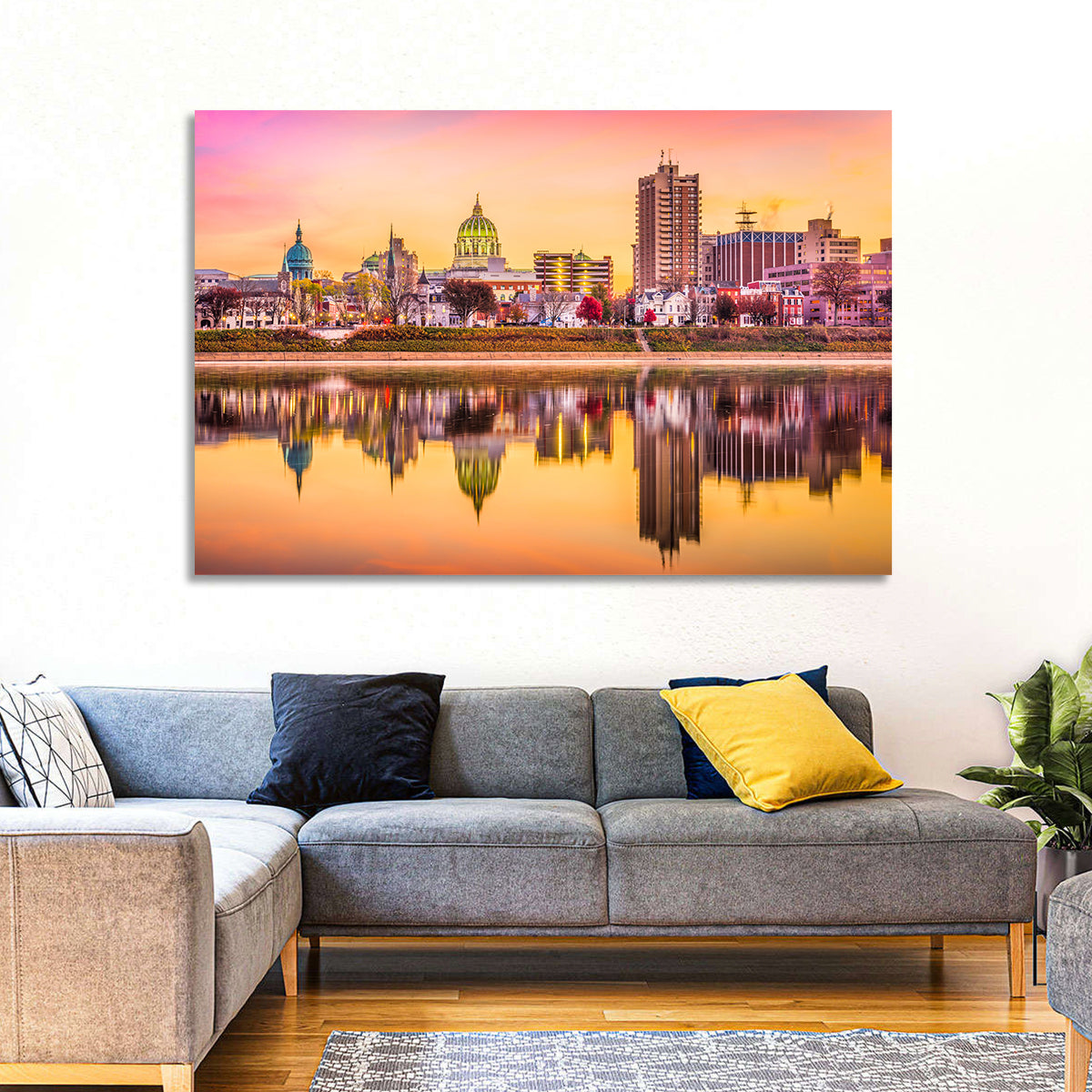 Harrisburg Golden Hour Skyline Wall Art in a room, landscape