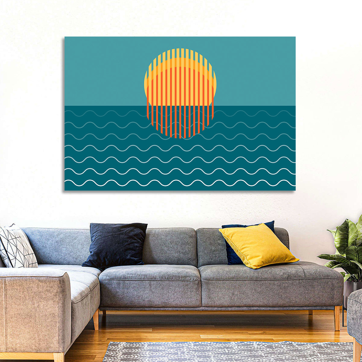 Teal Ocean Sunset Illustration Wall Art in a room, landscape