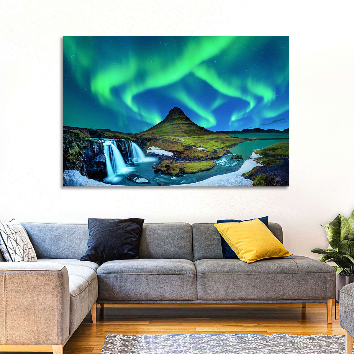 Kirkjufell Northern Lights Wall Art in a room, landscape