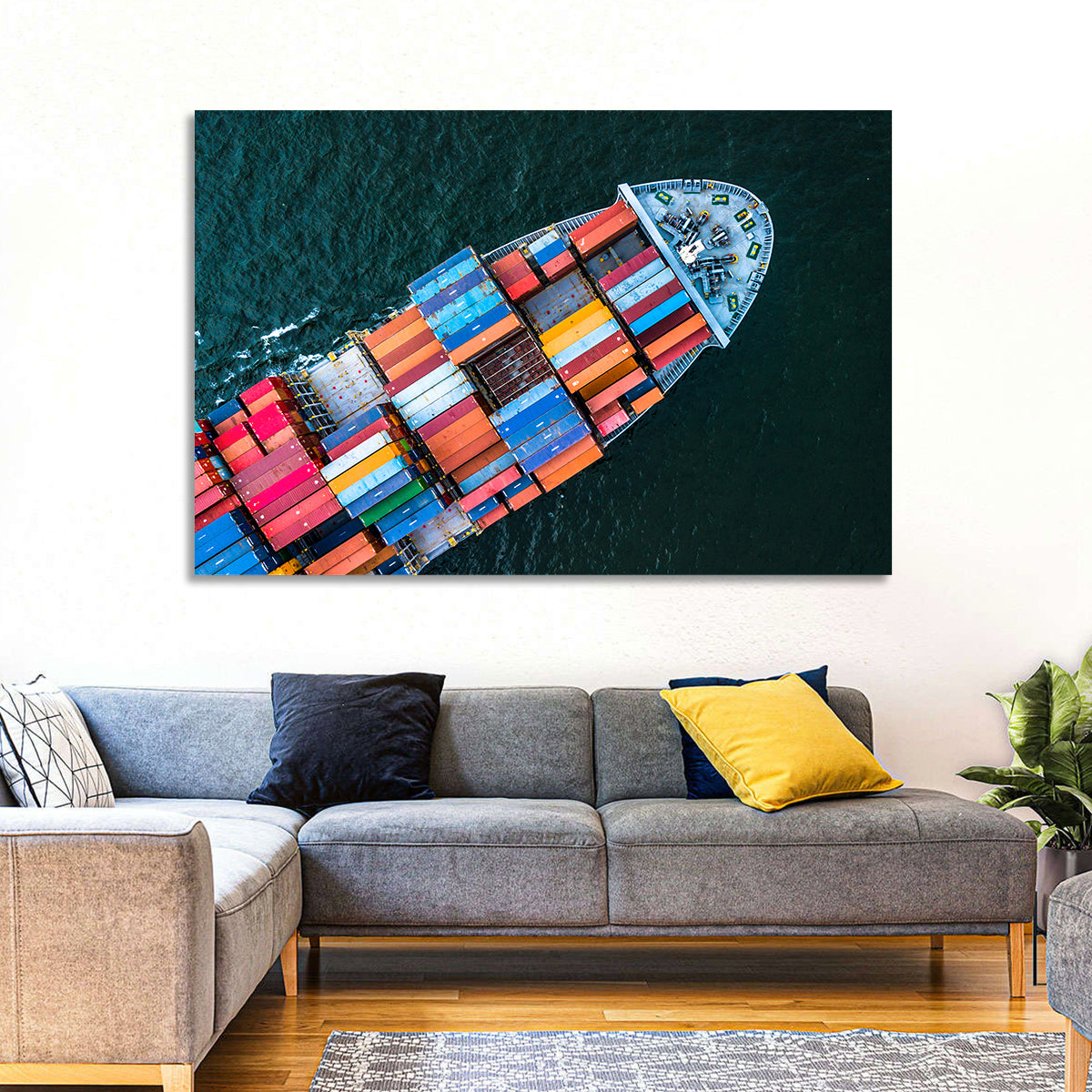 Container Ship Aerial View Wall Art in a room, landscape