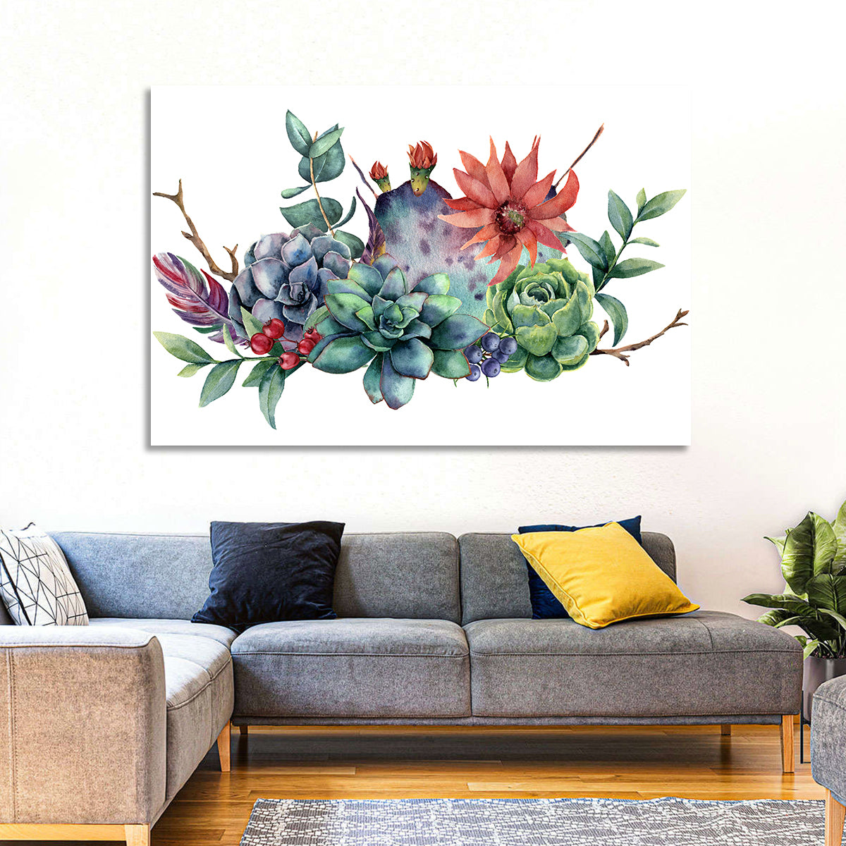 Succulent and Cactus Bouquet Wall Art in a room, landscape
