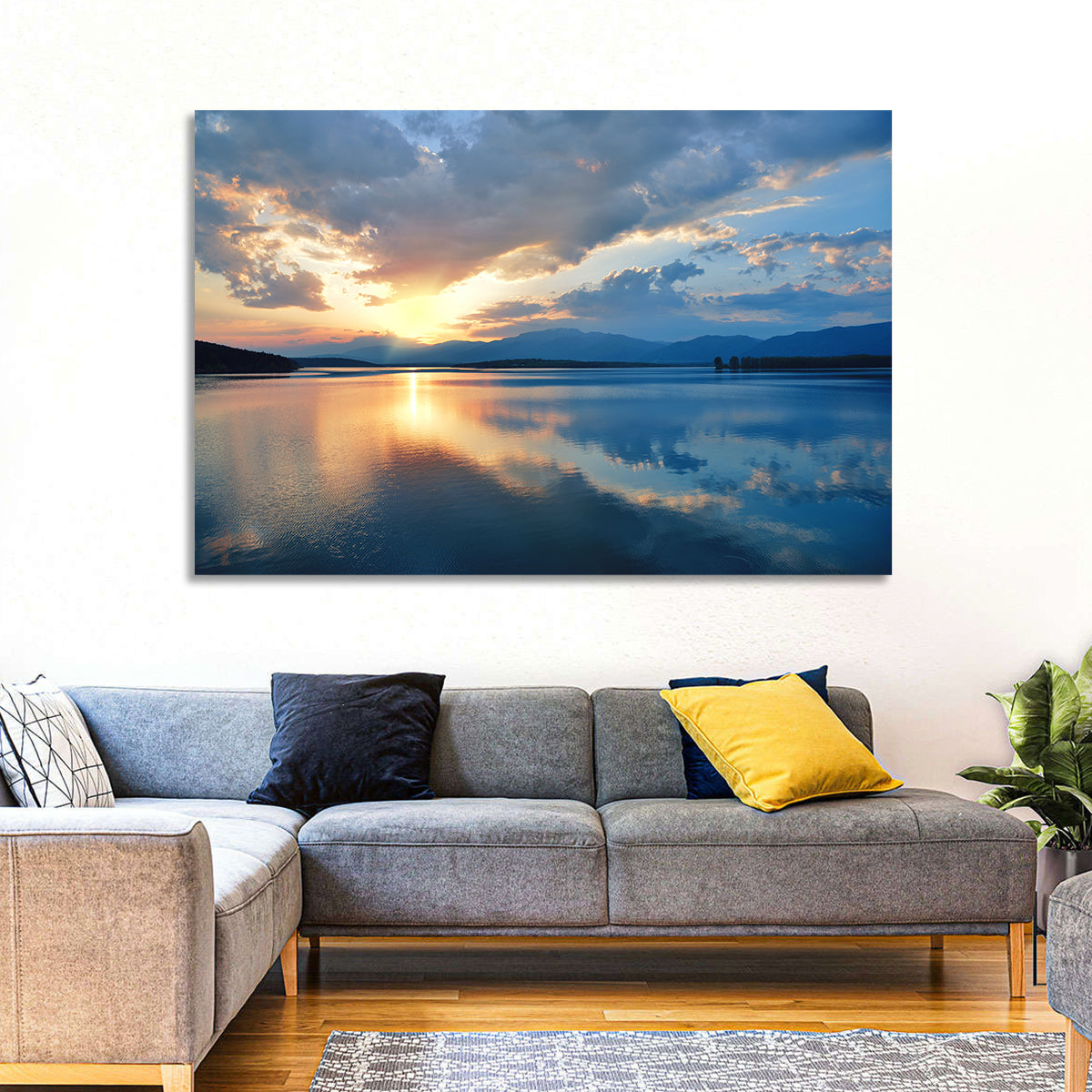 Golden Hour Lake Reflection Wall Art in a room, landscape
