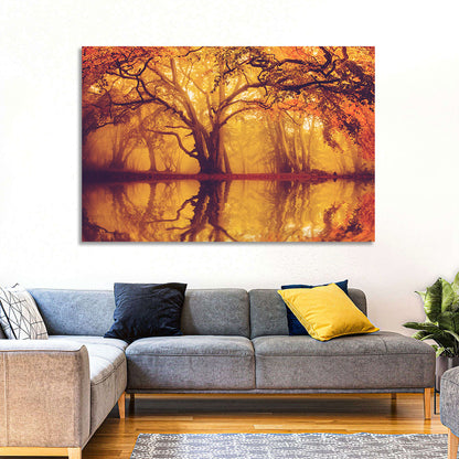 Golden Mist Forest Reflection Wall Art