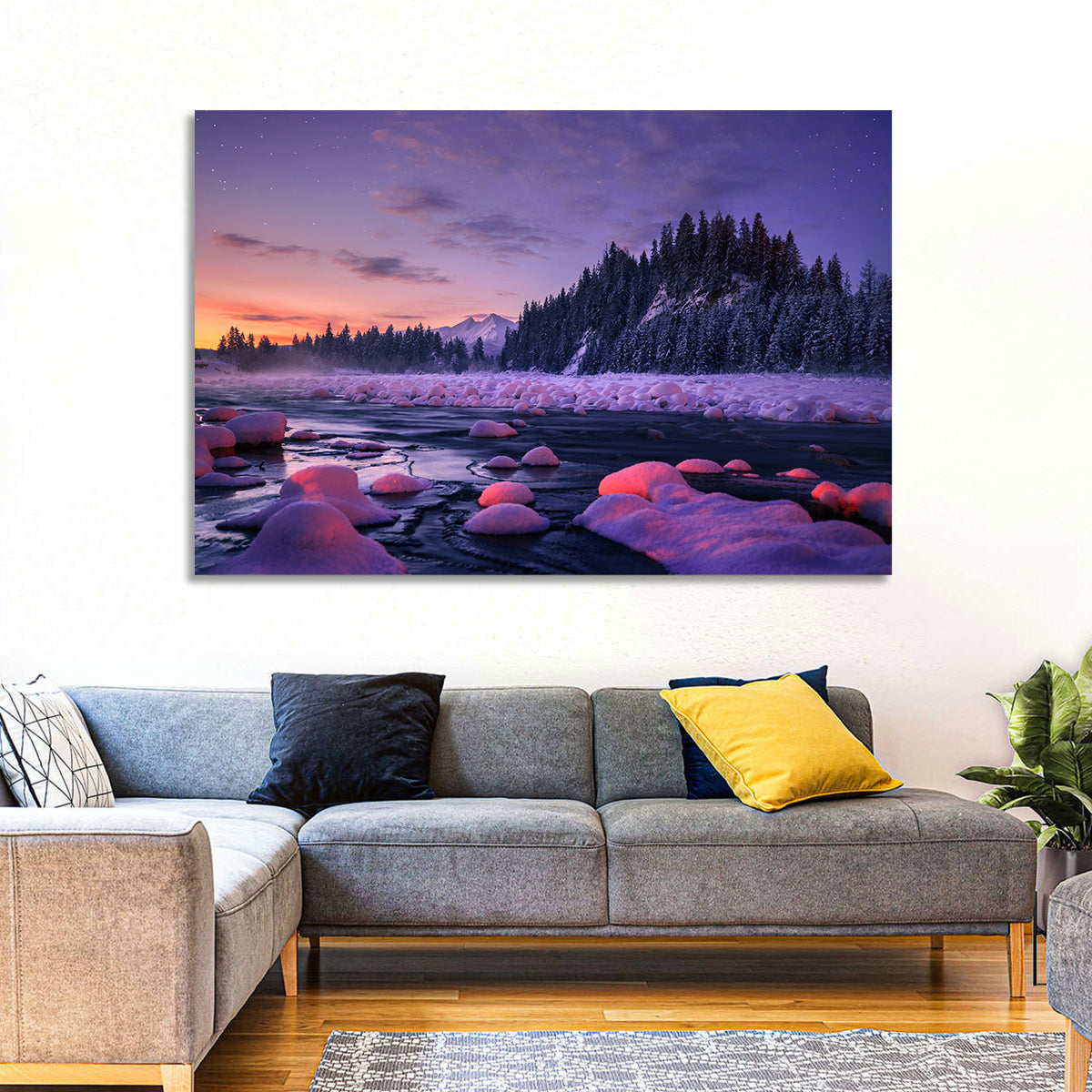 Twilight River and Snowy Pines Wall Art in a room, landscape