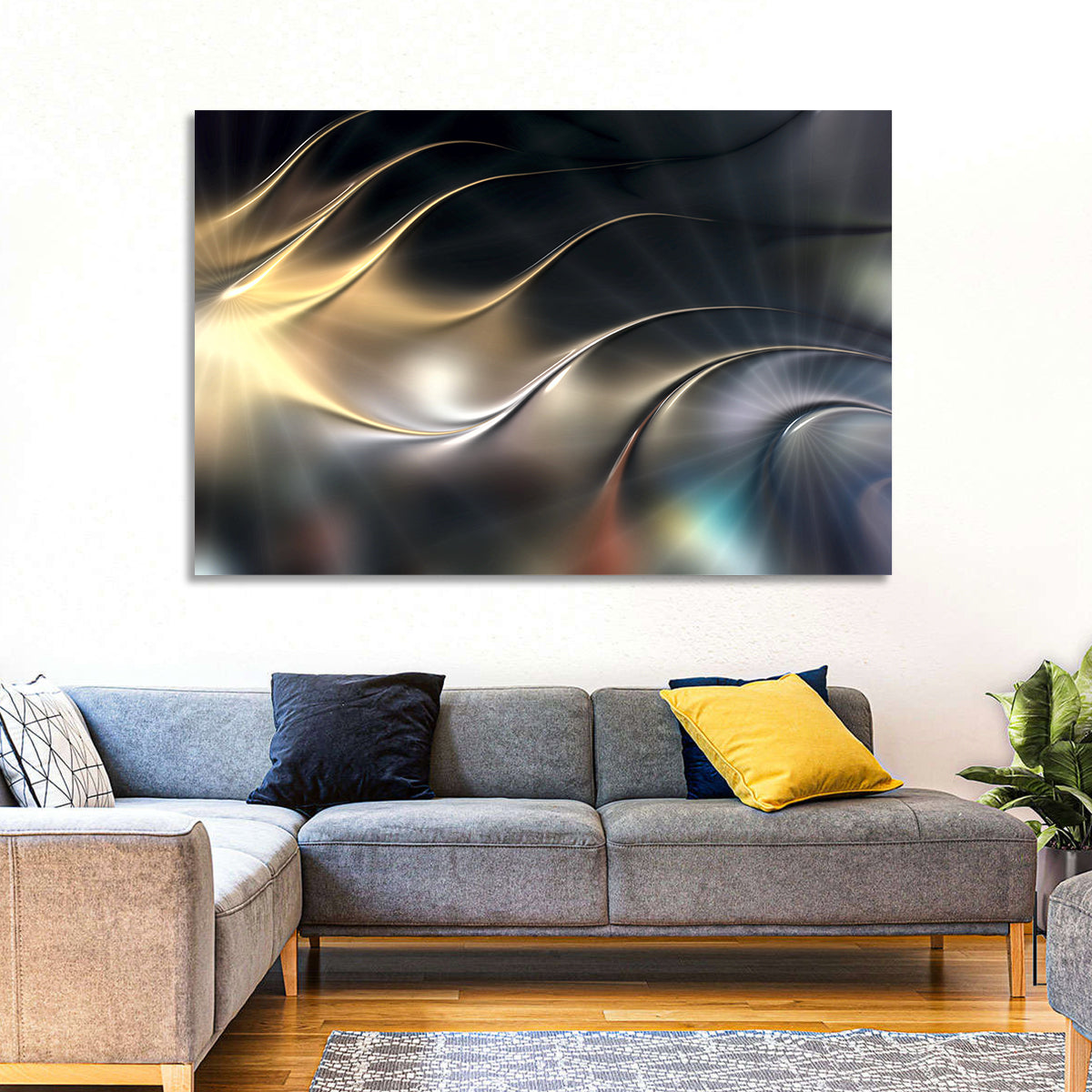 Luminous Metallic Wave Wall Art in a room, landscape