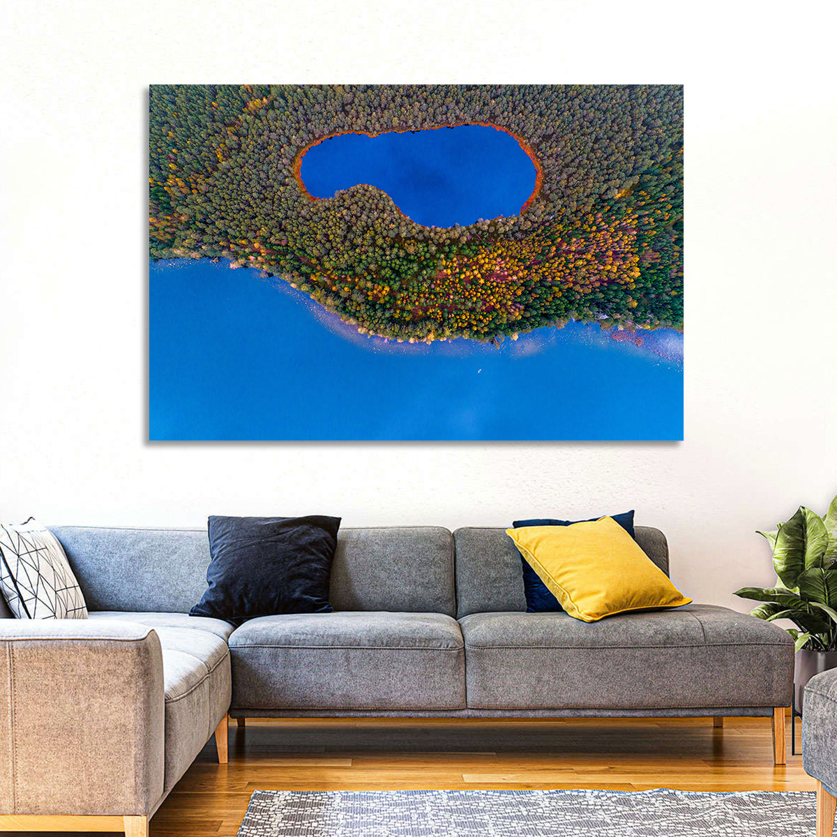 Autumn Forest Lake Wall Art in a room, landscape