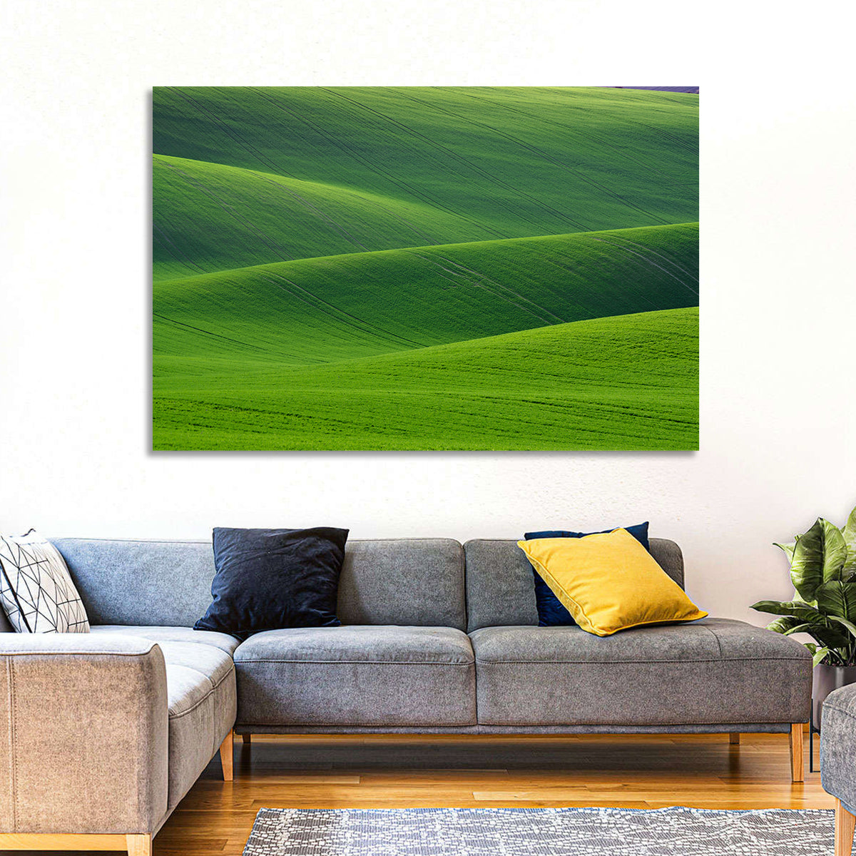 Rolling Emerald Wheat Fields Wall Art in a room, landscape