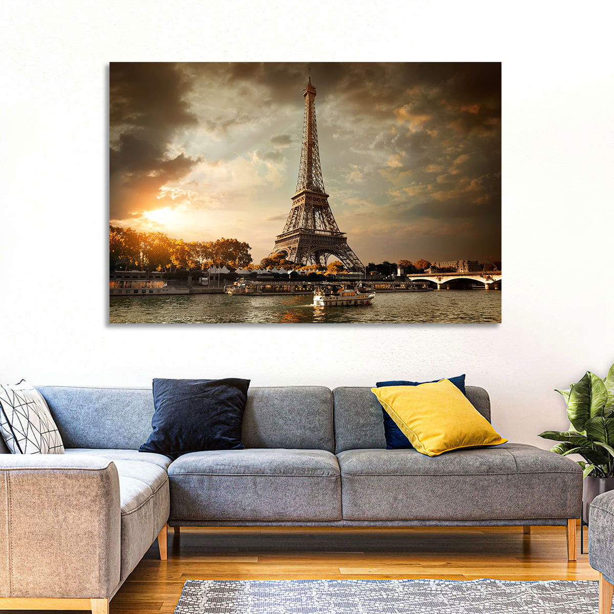 Eiffel Tower at Sunset Wall Art in a room, landscape
