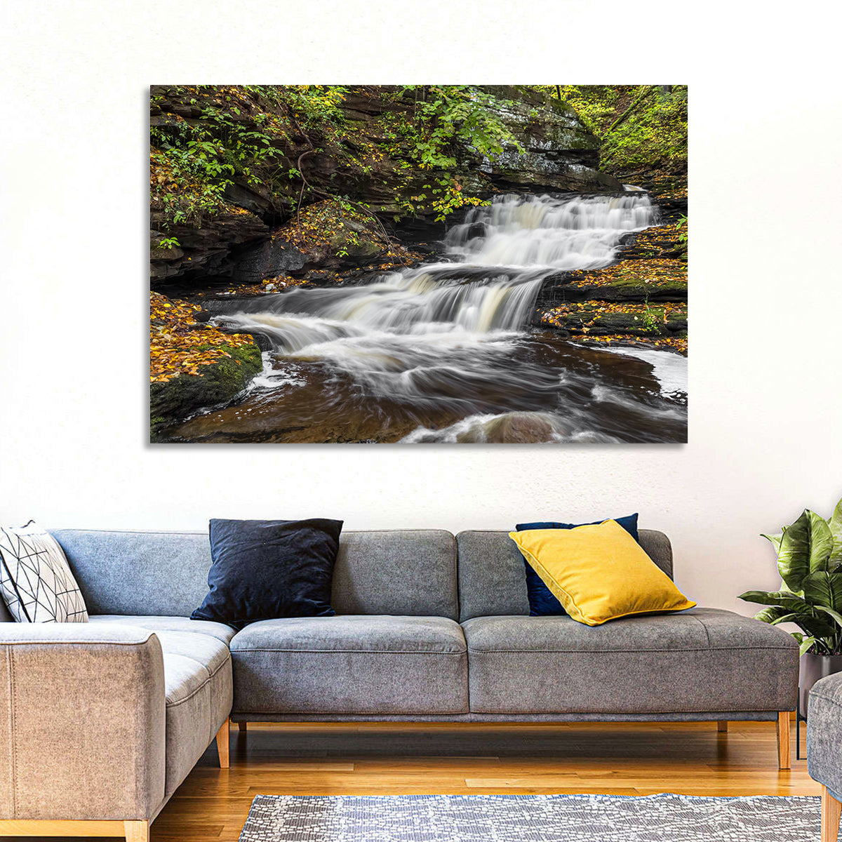 Cascading Autumn Waterfall Wall Art in a room, landscape