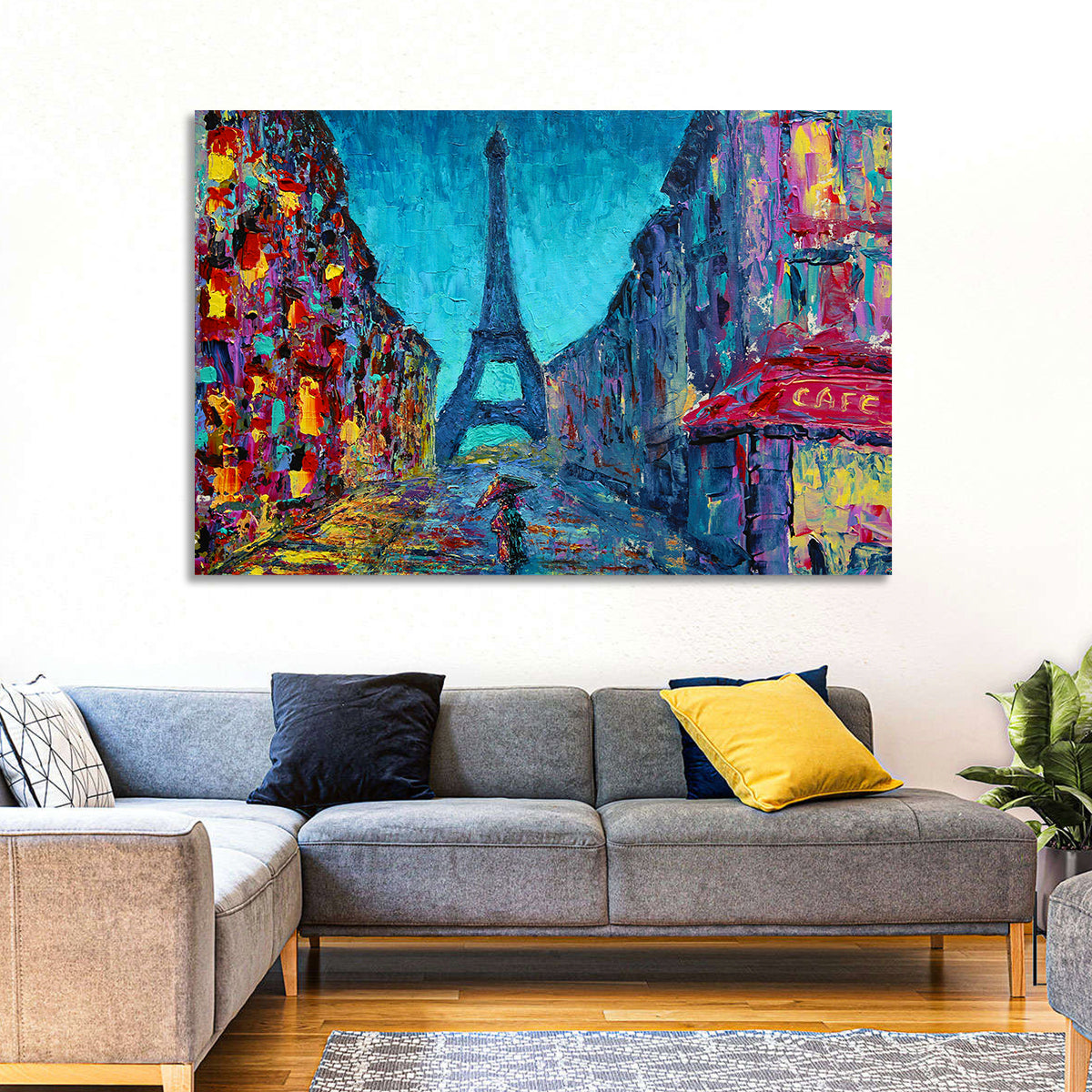 Rainy Paris Street with Eiffel Tower Wall Art in a room, landscape