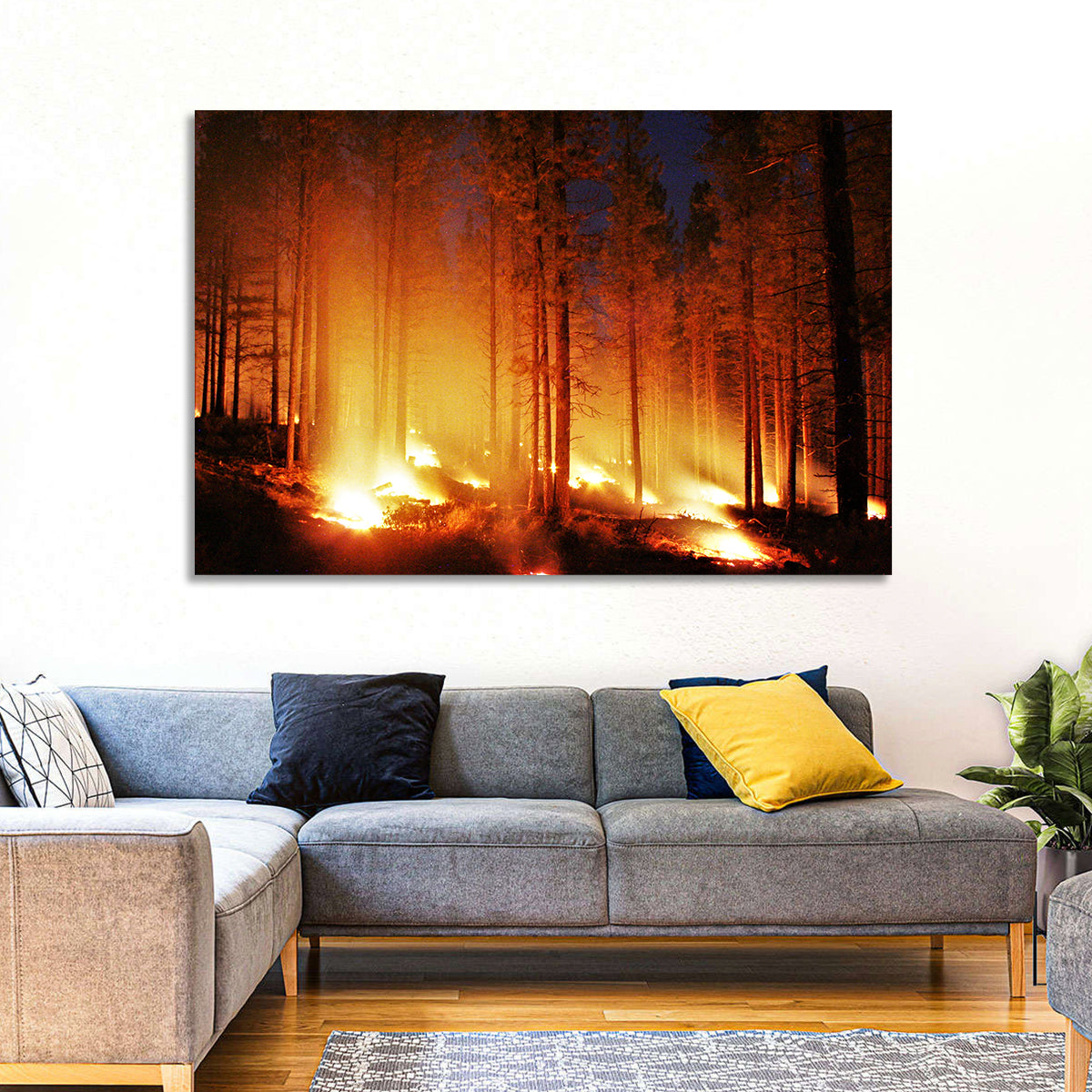 Night Forest Fire Wall Art in a room, landscape