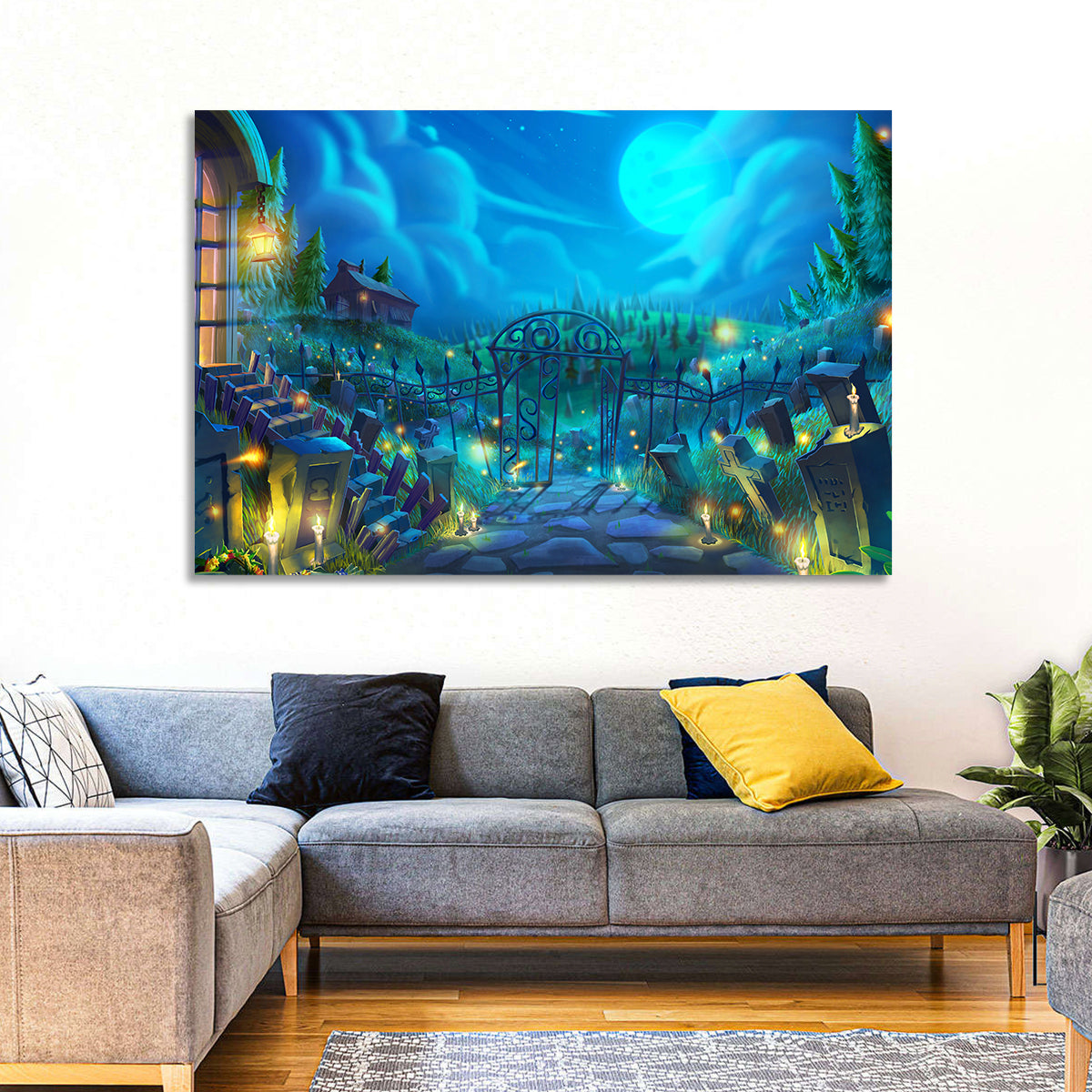 Halloween Cemetery Gate Illustration Wall Art in a room, landscape