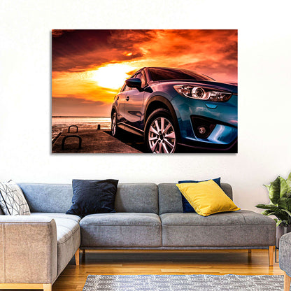 Suv on Pier at Sunset Wall Art