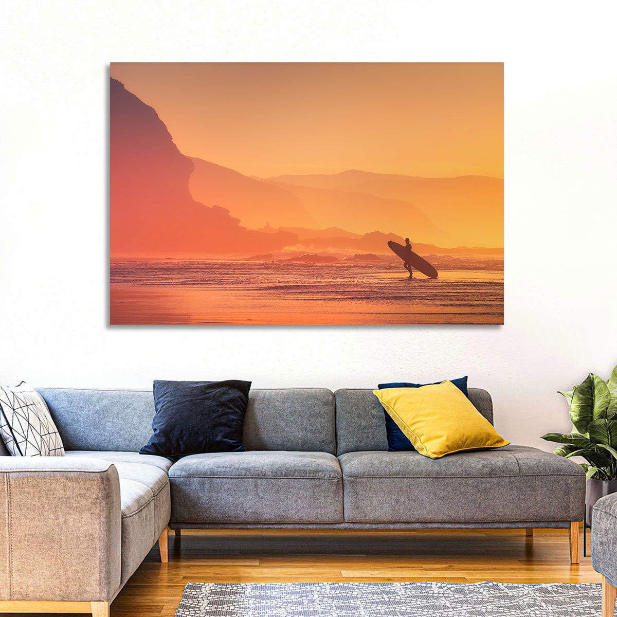 Surfer Silhouette at Golden Sunset Wall Art in a room, landscape