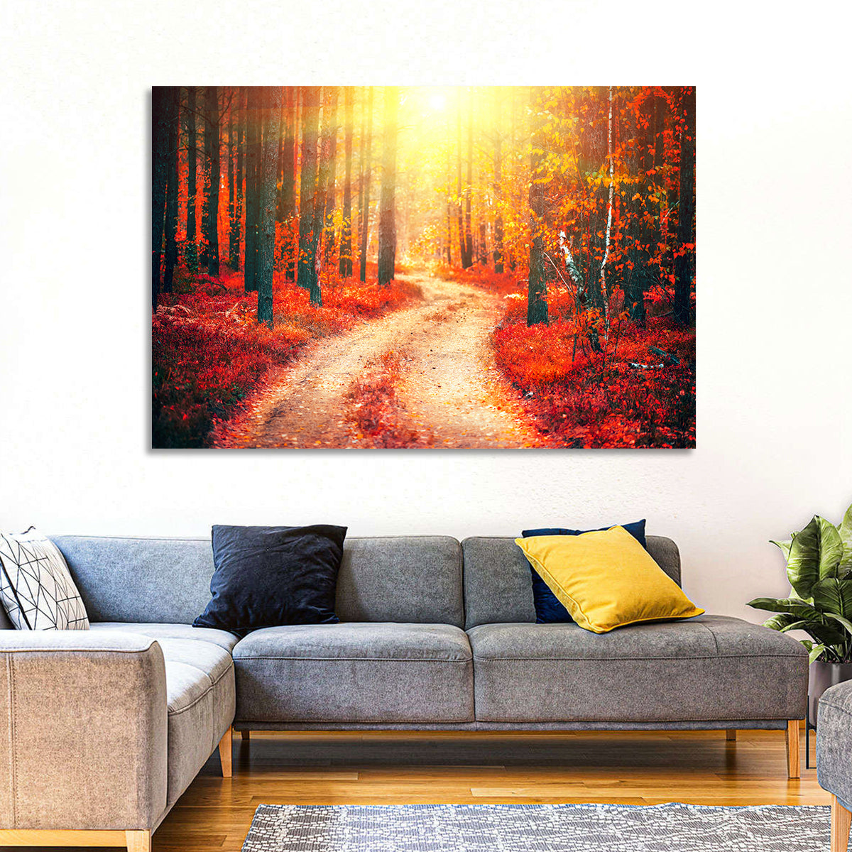 Golden Path Through Autumn Woods Wall Art in a room, landscape