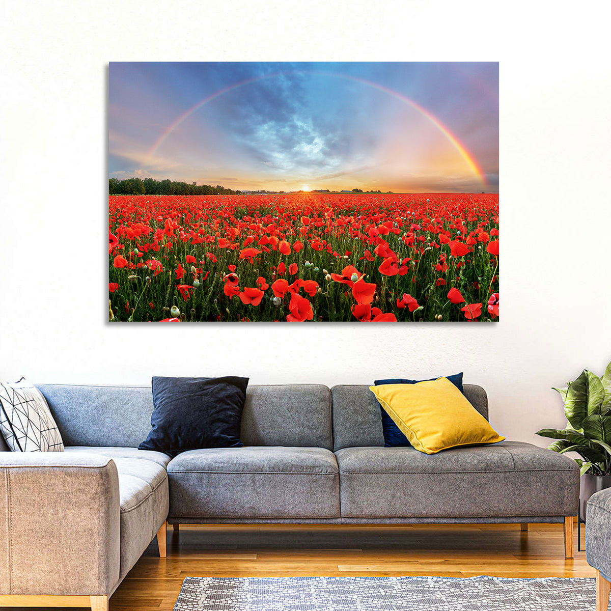 Poppy Field with Double Rainbow Wall Art