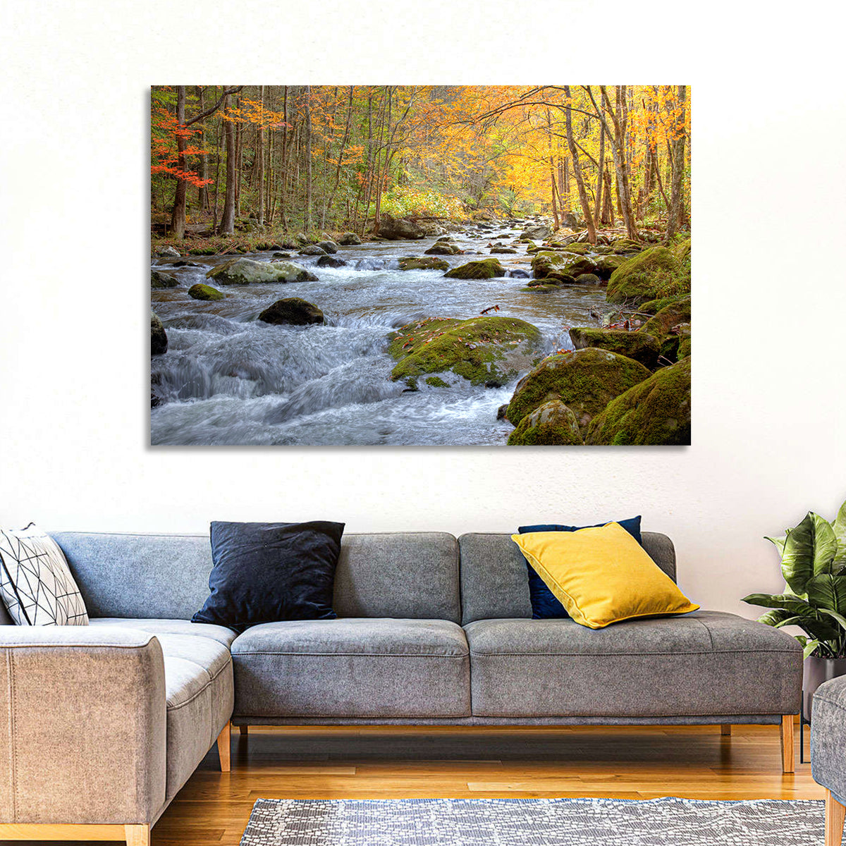 Autumn Mountain Stream Wall Art in a room, landscape