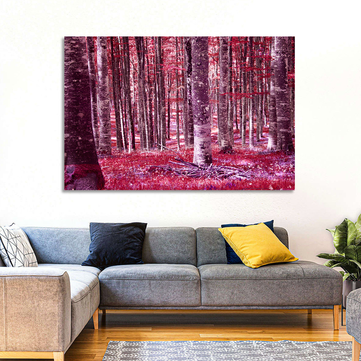 Crimson Woodland Wall Art in a room, landscape