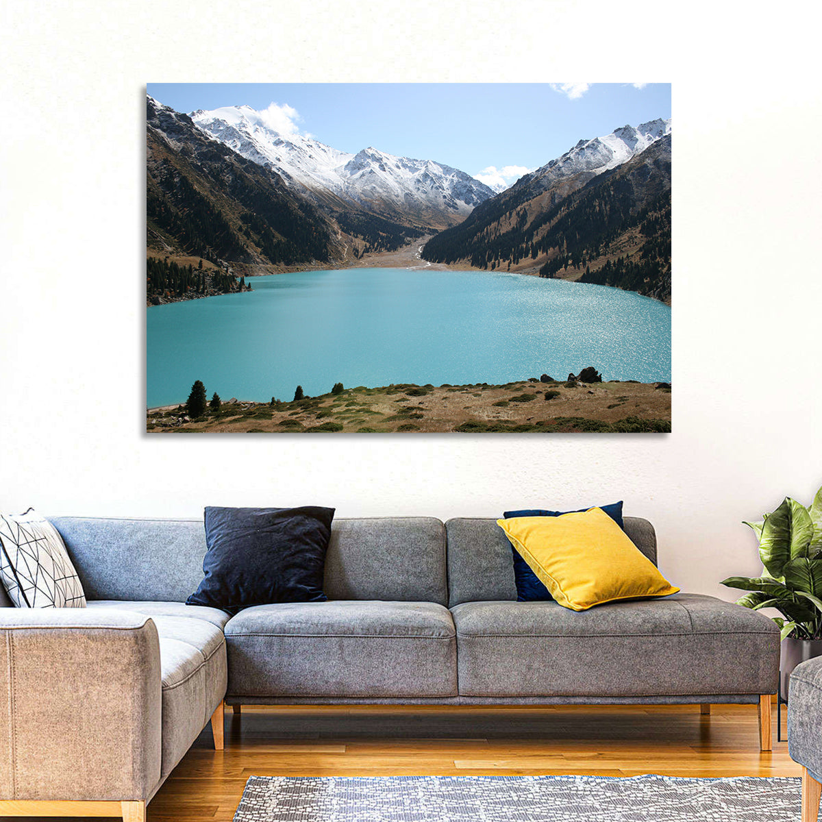 Big Almaty Lake Wall Art in a room, landscape