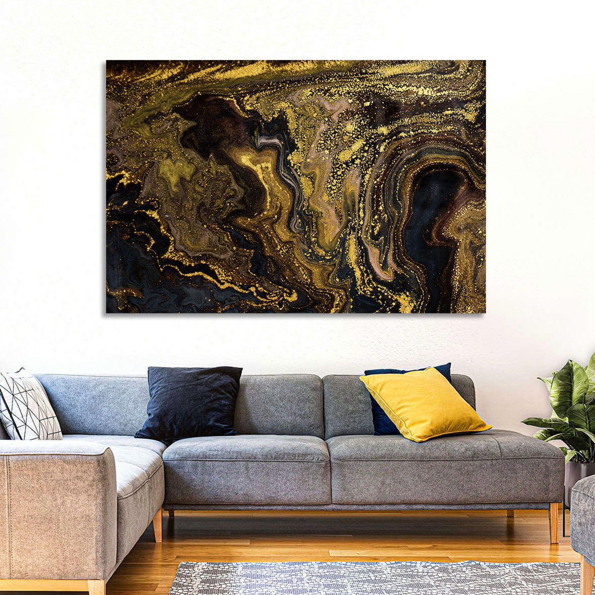 Black and Gold Marble Abstraction Wall Art in a room, landscape
