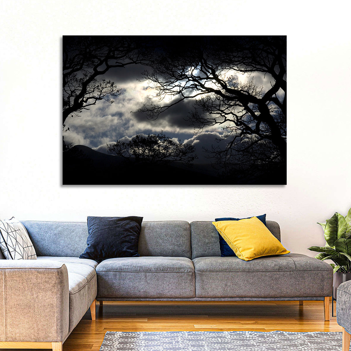 Storm Clouds Over Silhouetted Trees Wall Art in a room, landscape