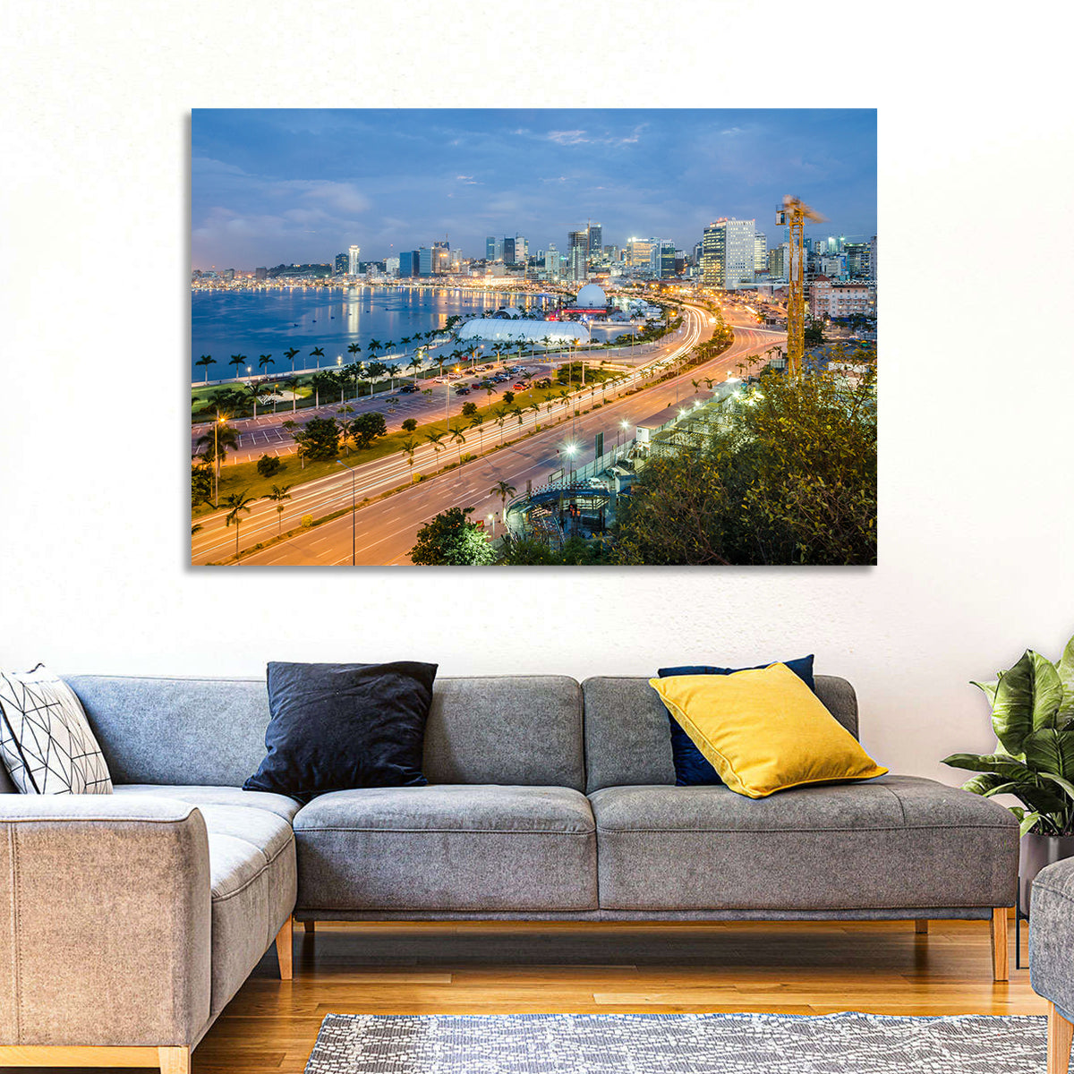 Luanda Bay Twilight Skyline Wall Art in a room, landscape