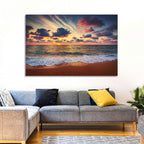 Golden Hour Beach Waves Under Cloudy Sky Wall Art