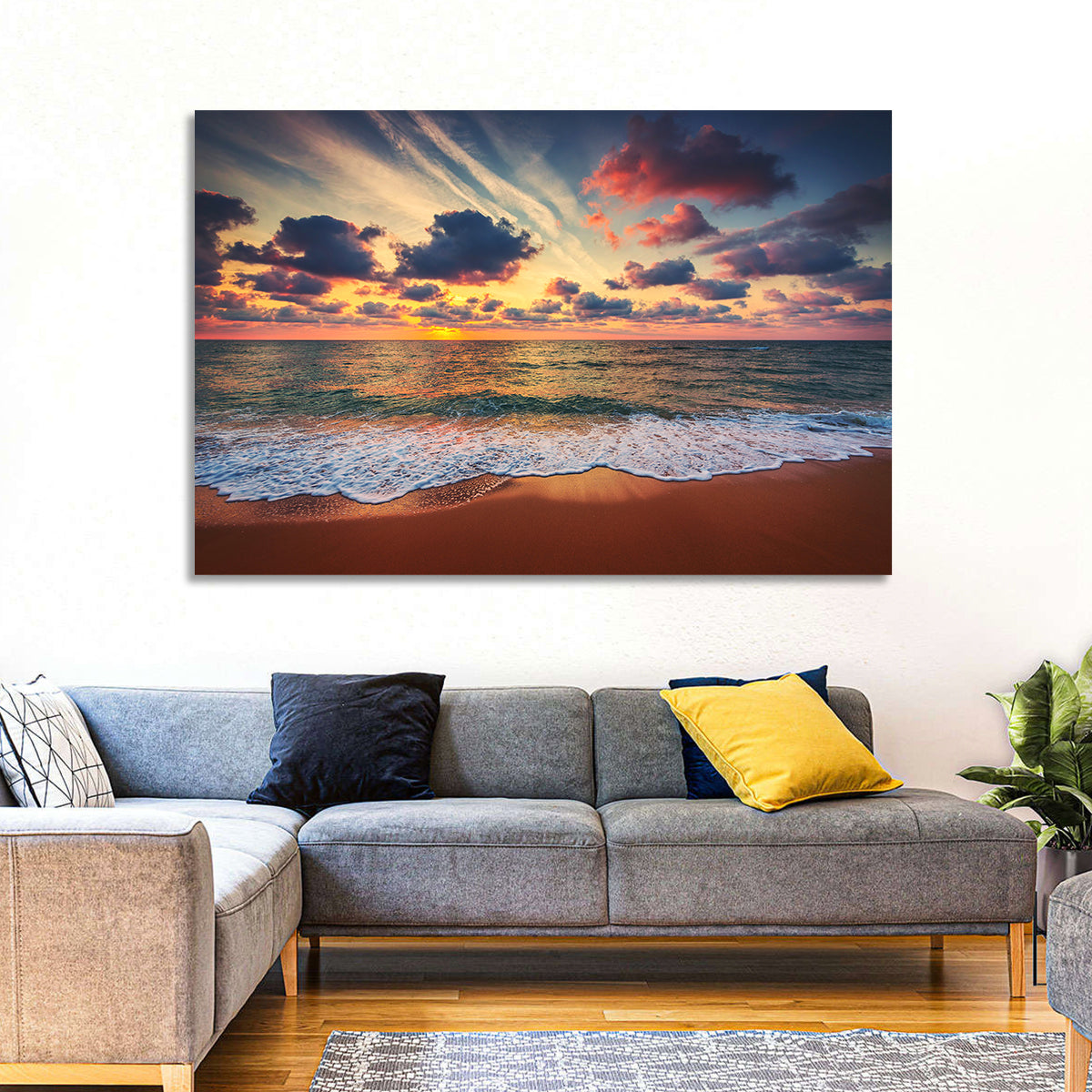 Golden Hour Beach Waves Under Cloudy Sky Wall Art