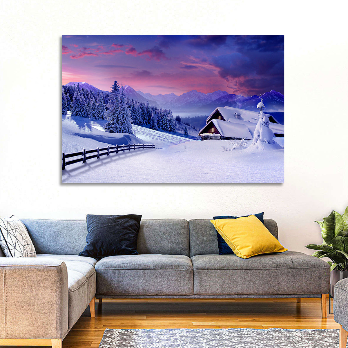 Snowy Mountain Cabin Wall Art in a room, landscape