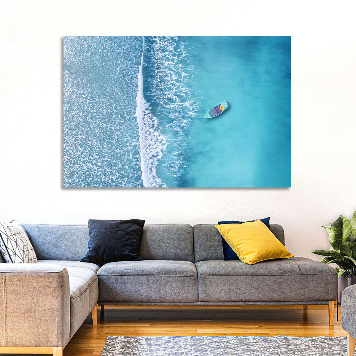 Lone Boat Over Turquoise Waves Wall Art