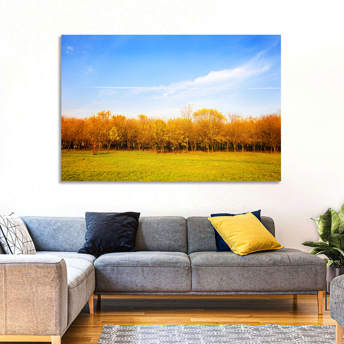 Autumn Forest Meadow Wall Art in a room, landscape