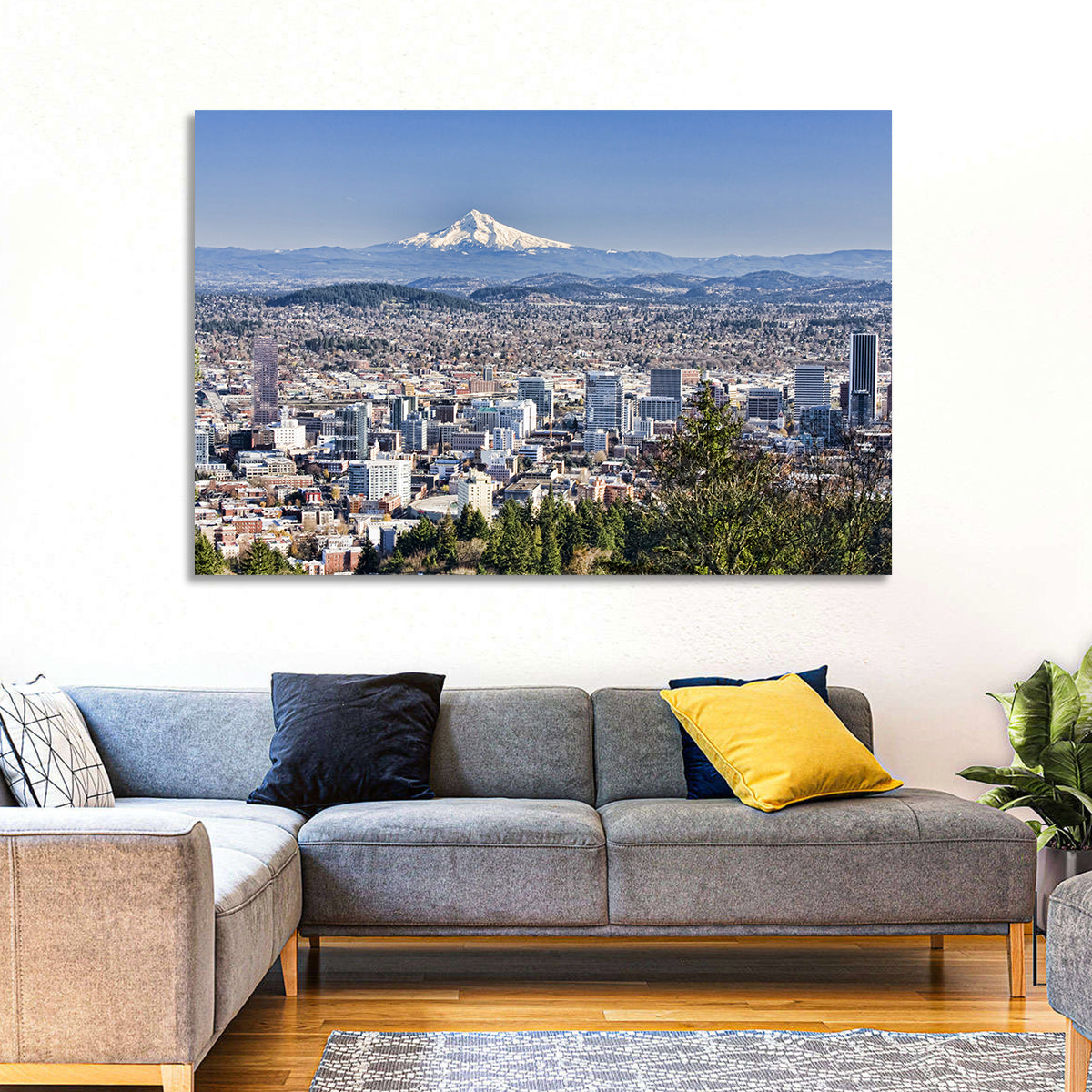 Portland Skyline with Mount Hood Wall Art in a room, landscape