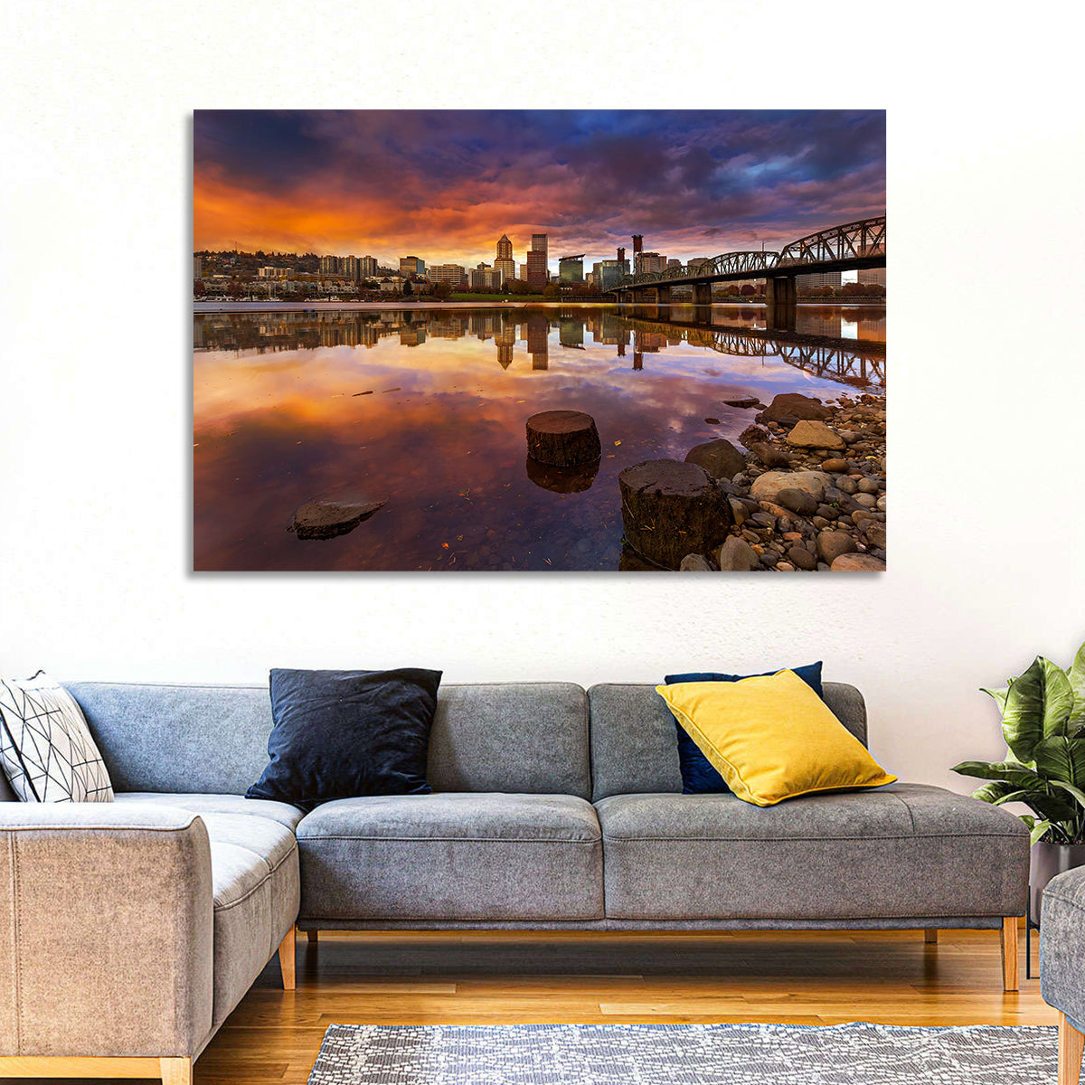 Portland Skyline at Sunset Wall Art in a room, landscape