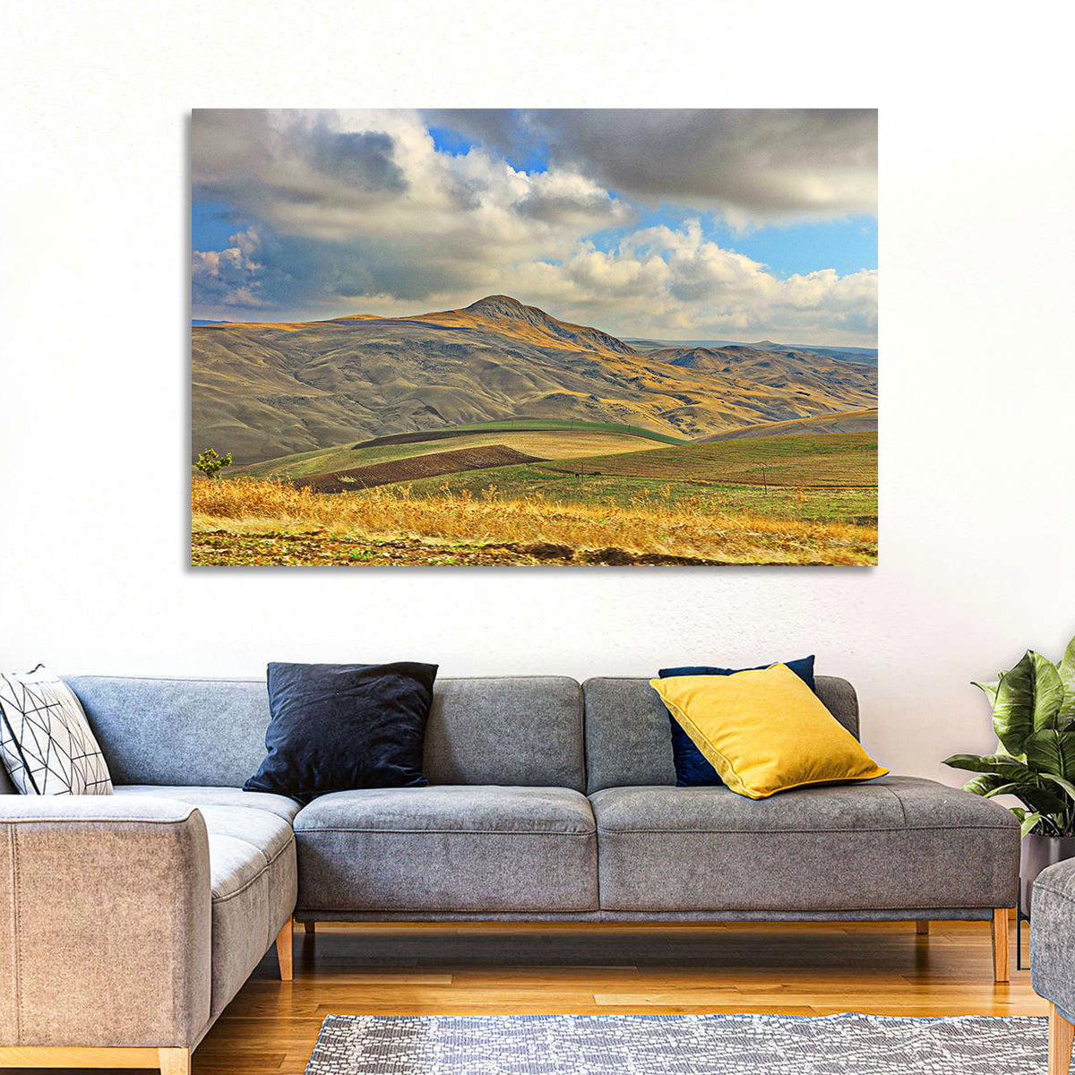 Shamakhi Valley Harvest Fields Wall Art in a room, landscape