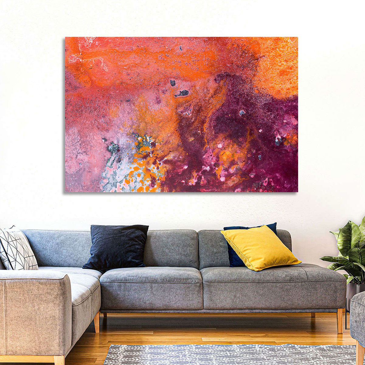 Magenta Orange Color Flow Wall Art in a room, landscape