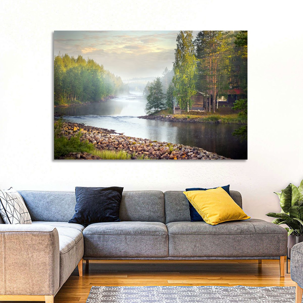 Misty River with Red Roof Cabin Wall Art in a room, landscape
