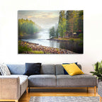 Misty River with Red Roof Cabin Wall Art