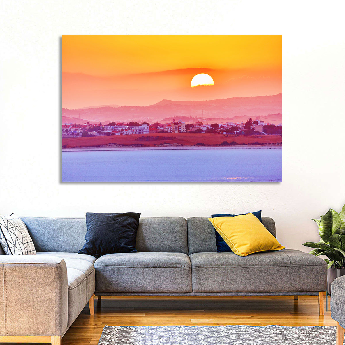 Golden Salt Lake Sunset Wall Art in a room, landscape