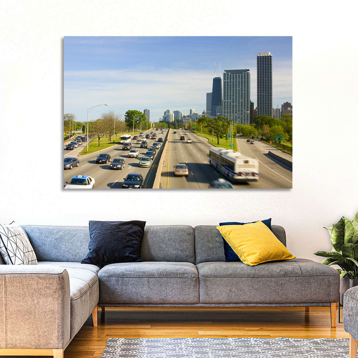Chicago Expressway Toward Downtown Skyline Wall Art