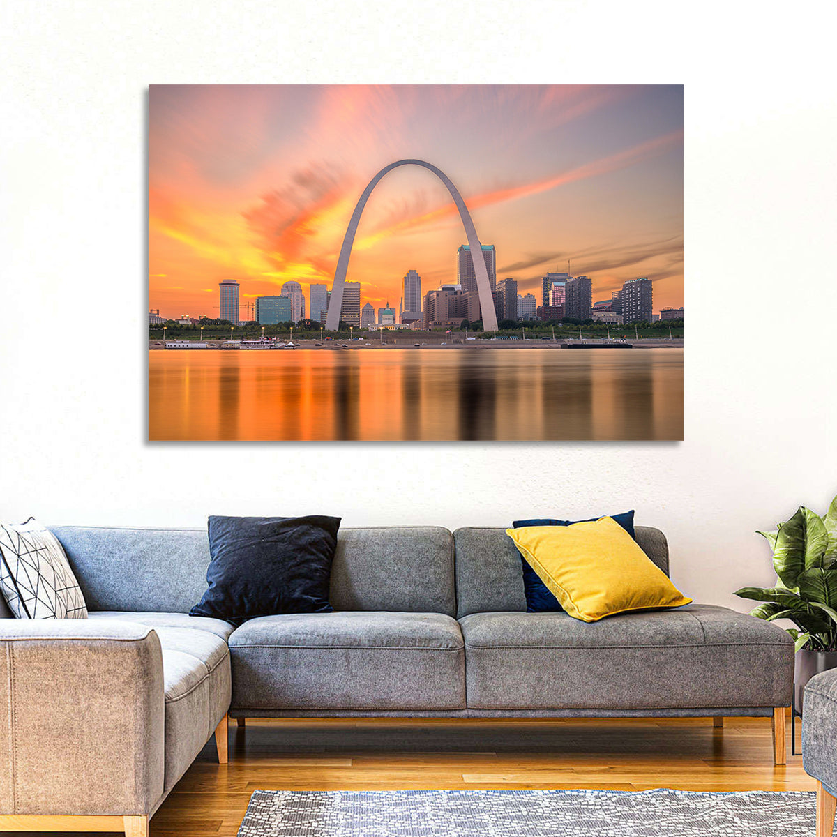 St. Louis Gateway Arch Skyline Wall Art in a room, landscape